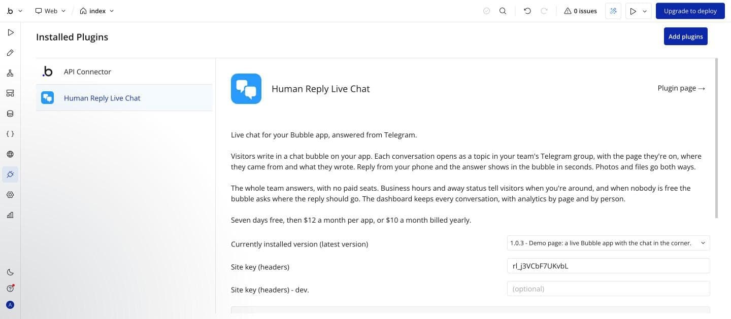 Bubble's editor on the Plugins tab: Human Reply Live Chat installed, its description, version 1.0.3, and a site key in Site key (headers)
