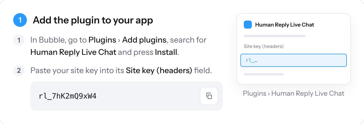 The last setup step: Add the plugin to your app, with the two steps and the site key in a copy row, beside a small picture of the plugin's settings