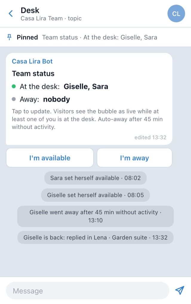 The Desk topic in Telegram: the pinned team status board with I'm available and I'm away, and the lines saying who changed their status
