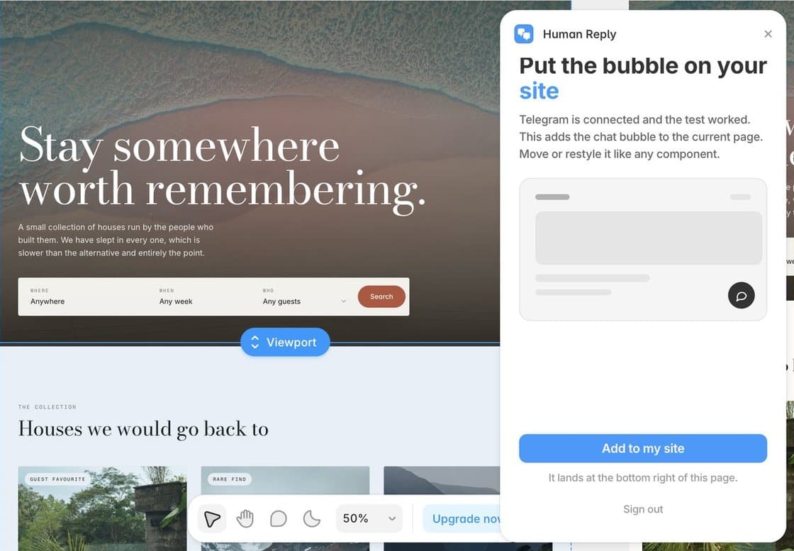 The Human Reply plugin open in Framer over a rental template's home page: Put the bubble on your site, the Add to my site button, and It lands at the bottom right of this page