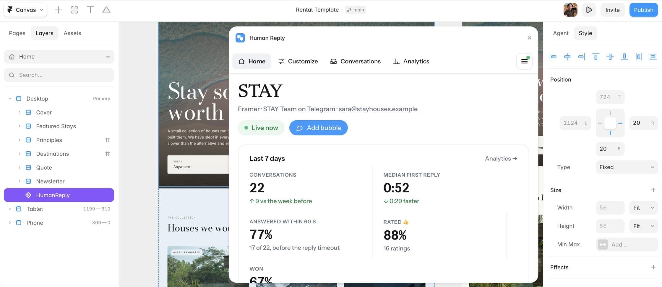 The Human Reply dashboard open in the plugin in Framer, over a rental template: Home for the STAY site, with the last seven days in numbers