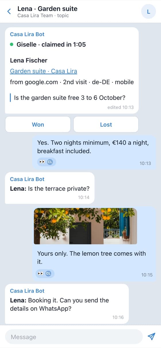 A chat from the Casa Lira site as a topic in the team's Telegram group: the lead card for Lena, claimed by Giselle, Won and Lost under it, and the replies below