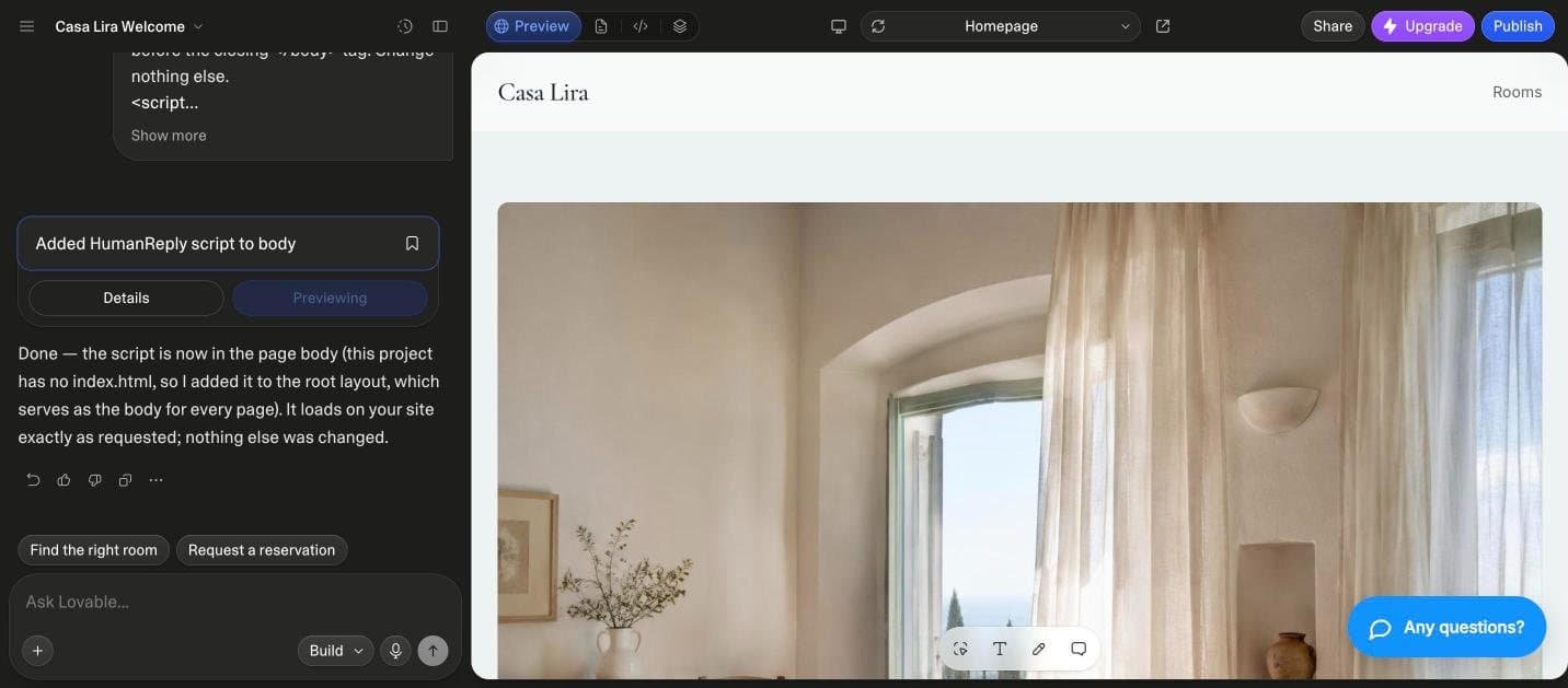 Lovable's editor on a small guesthouse site, Casa Lira: the chat says Added HumanReply script to body, and the preview shows the page with the chat's launcher bottom right