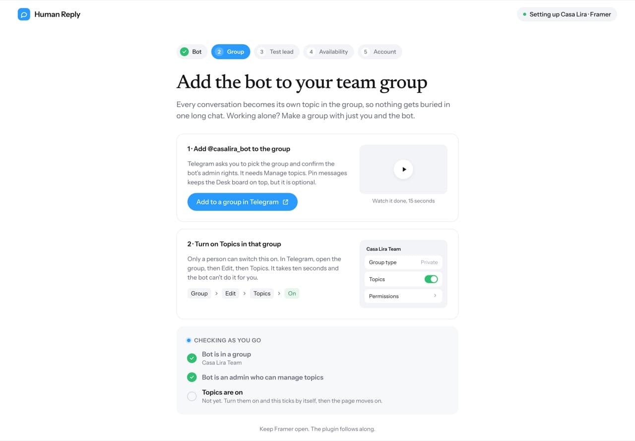 The second setup step: add the bot to your team group and turn on Topics, with the checks ticking as you go