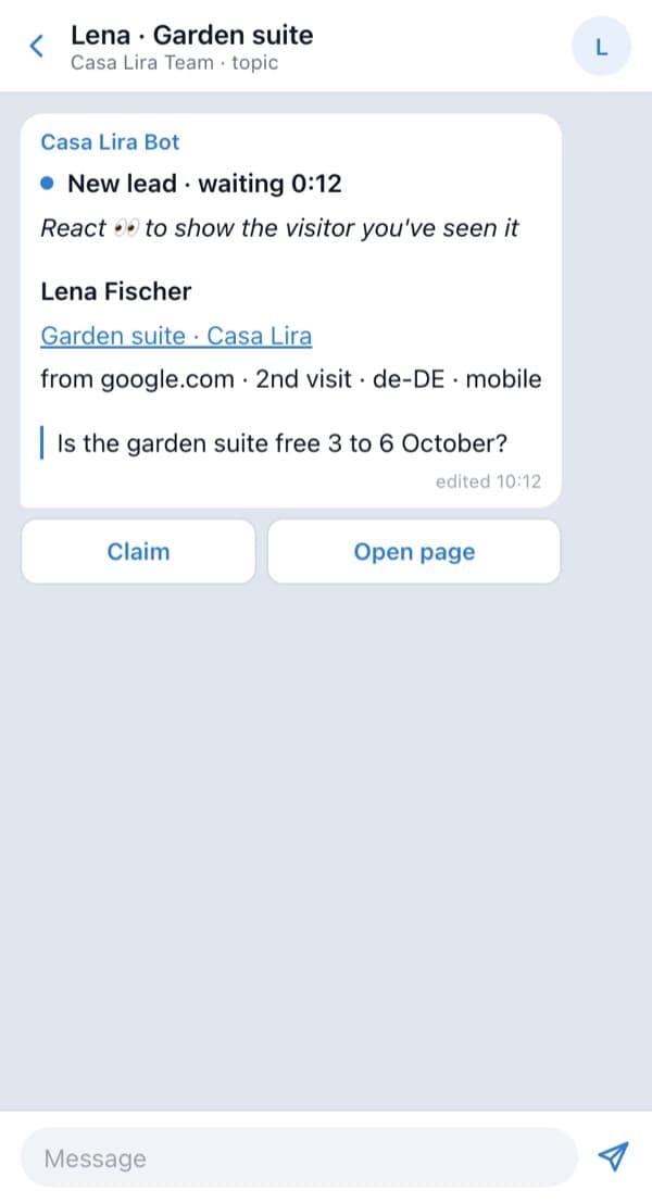 A new topic in Telegram with Lena's lead card: waiting 0:12, the Garden suite page, from google.com, second visit, her question, and Claim under it