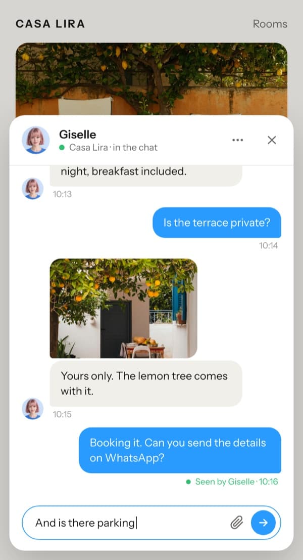 Giselle's reply in the bubble on the site, with Seen by Giselle under Lena's message