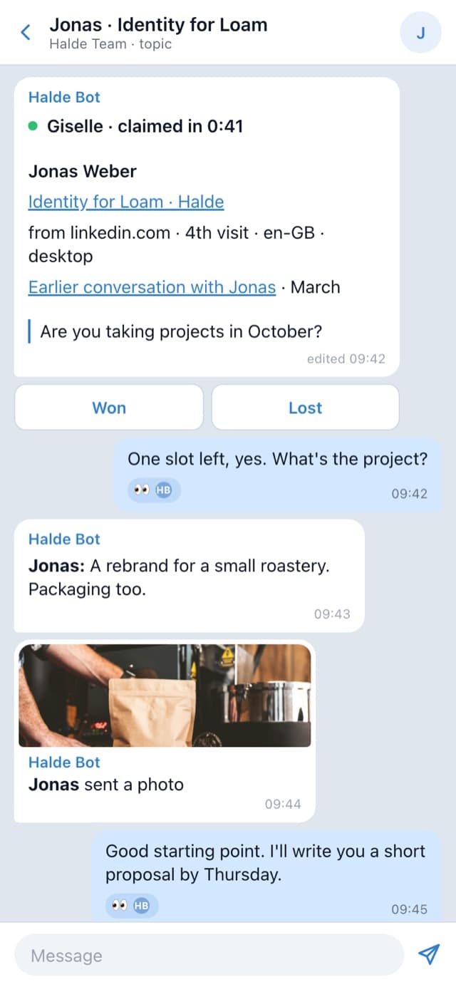 A claimed topic in Telegram: the lead card for Jonas with a link to an earlier conversation, Won and Lost under it, Giselle's replies and a photo from Jonas