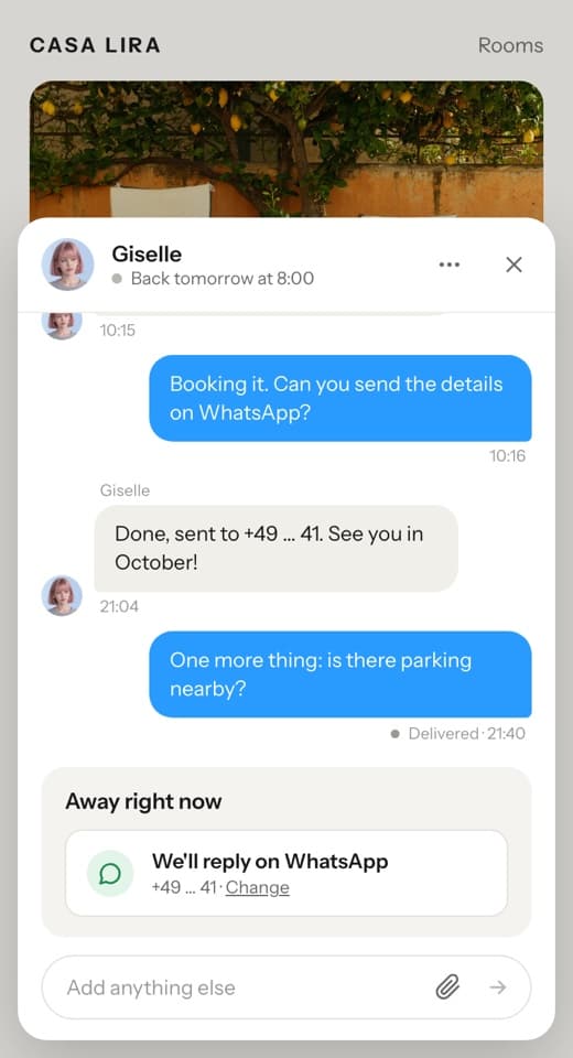 The bubble when nobody is free: Back tomorrow at 8:00 in the header, the visitor's message marked Delivered, and We'll reply on WhatsApp