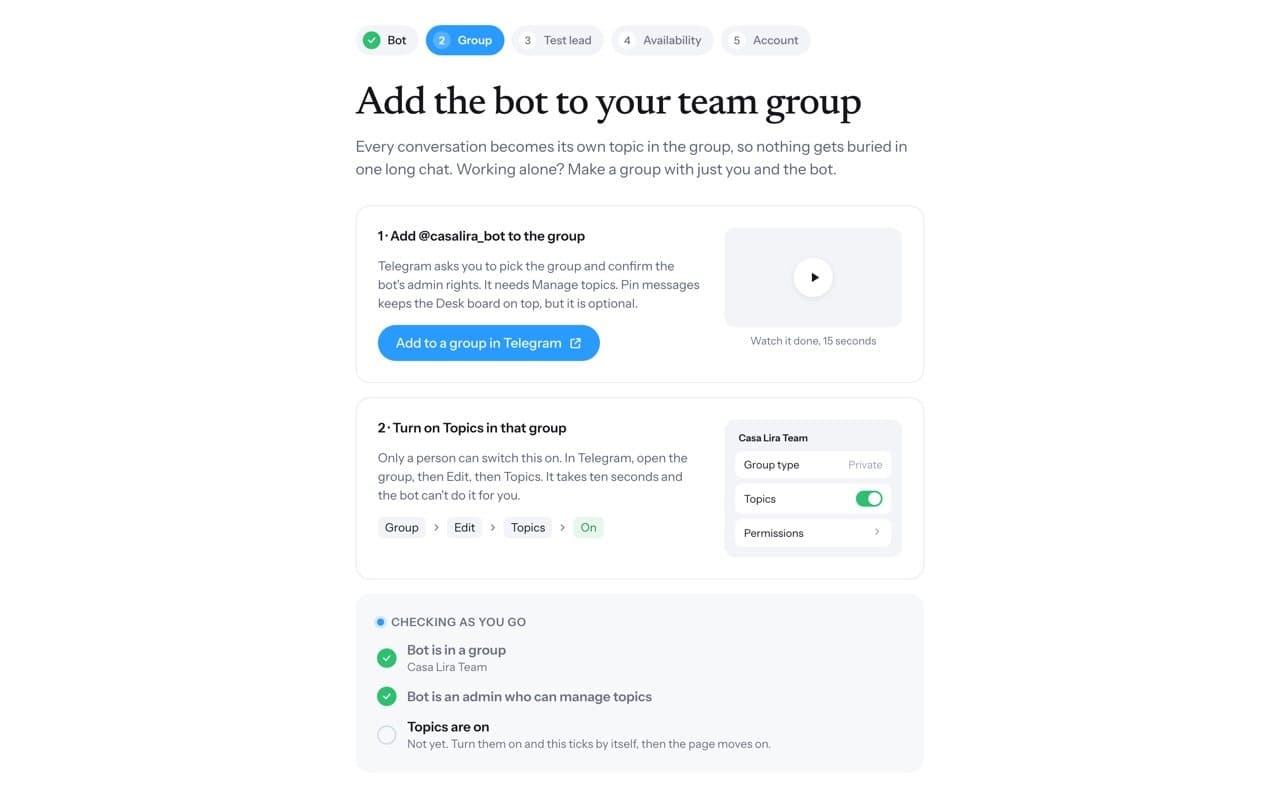 The second setup step: add the bot to your team group and turn on Topics, with the checks ticking as you go