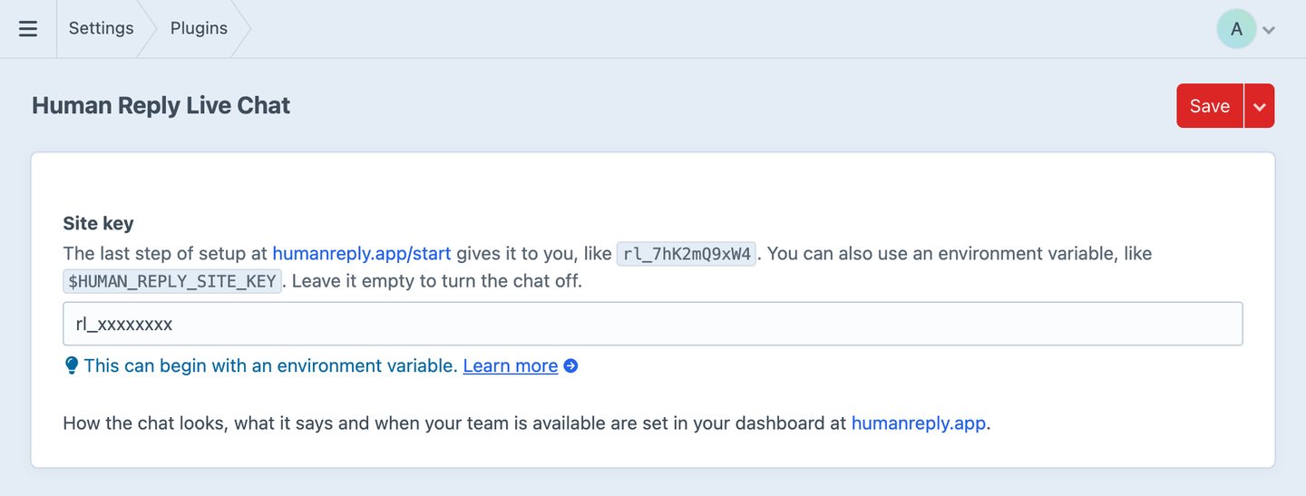 Craft's control panel at Settings, Plugins, Human Reply Live Chat: one field, Site key, holding rl_xxxxxxxx, and Save