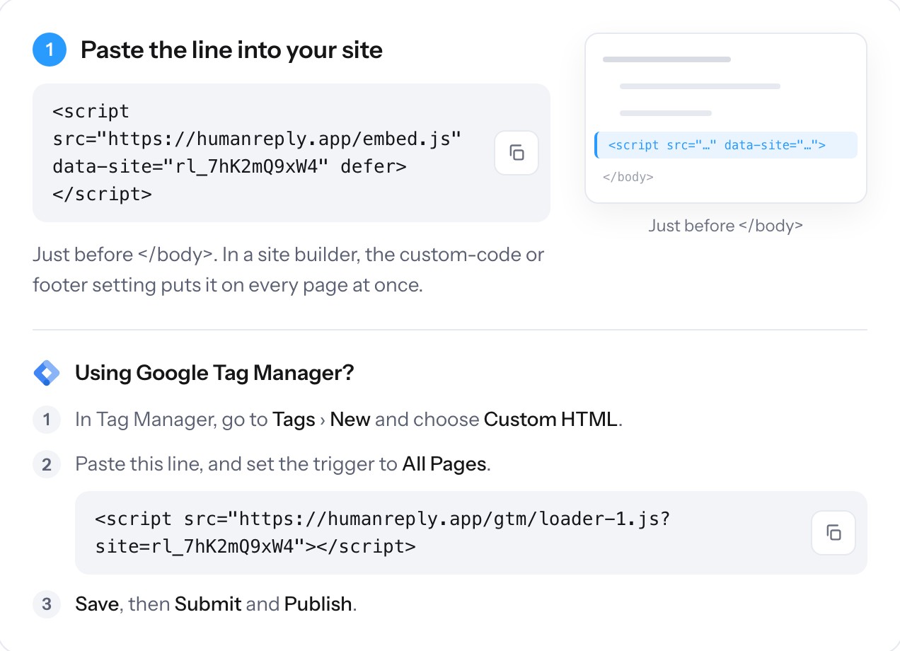 The last setup step: the line to paste into a site, and under it, Using Google Tag Manager? with three steps and the line for Tag Manager