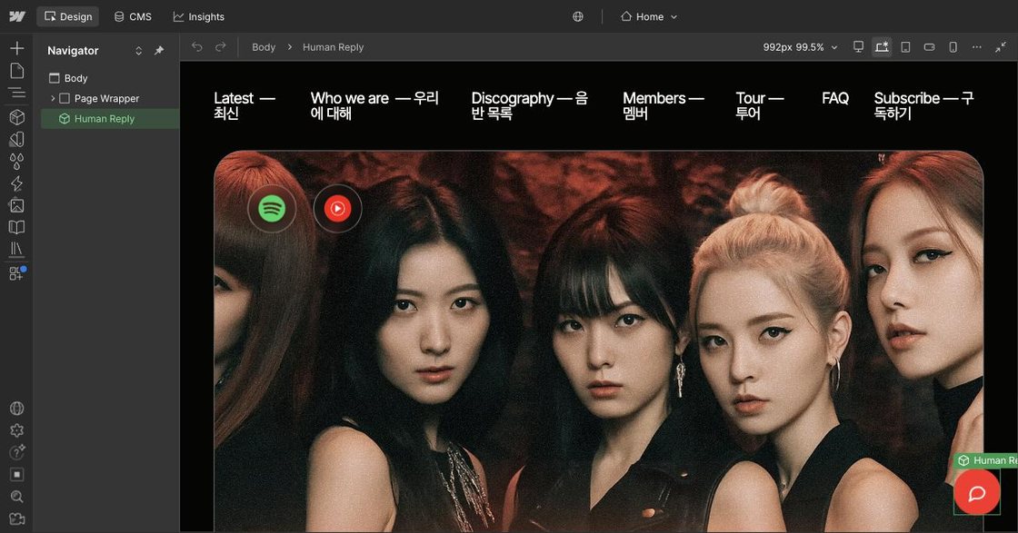 The Webflow Designer on a band's home page: the Human Reply component selected in the Navigator and on the canvas, its launcher pinned bottom right
