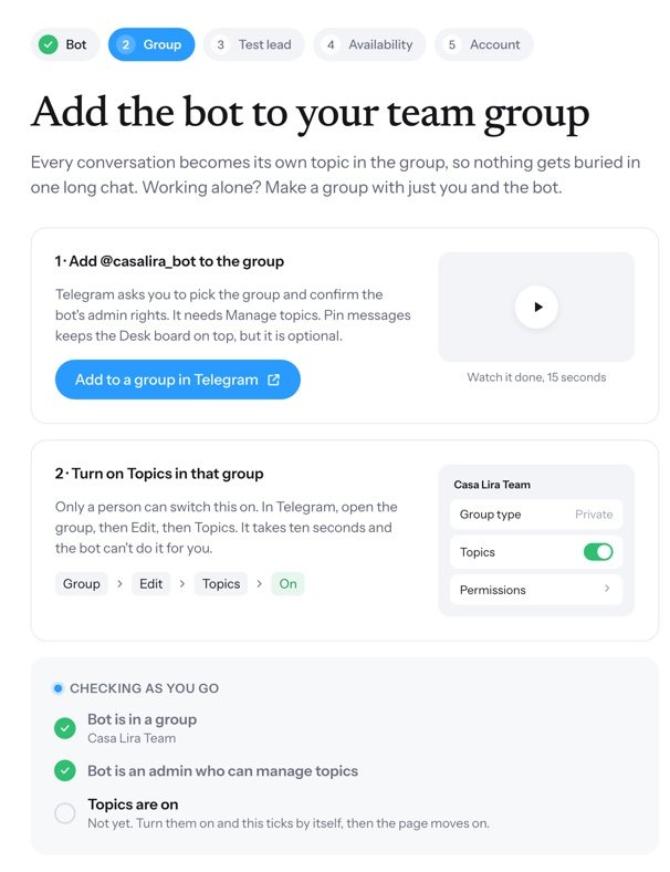 The second setup step: add the bot to your team group and turn on Topics, with the checks ticking as you go
